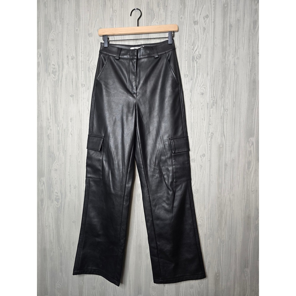NAKD Black Faux Leather Cargo Pants Wide Leg High Waisted E34 US 2